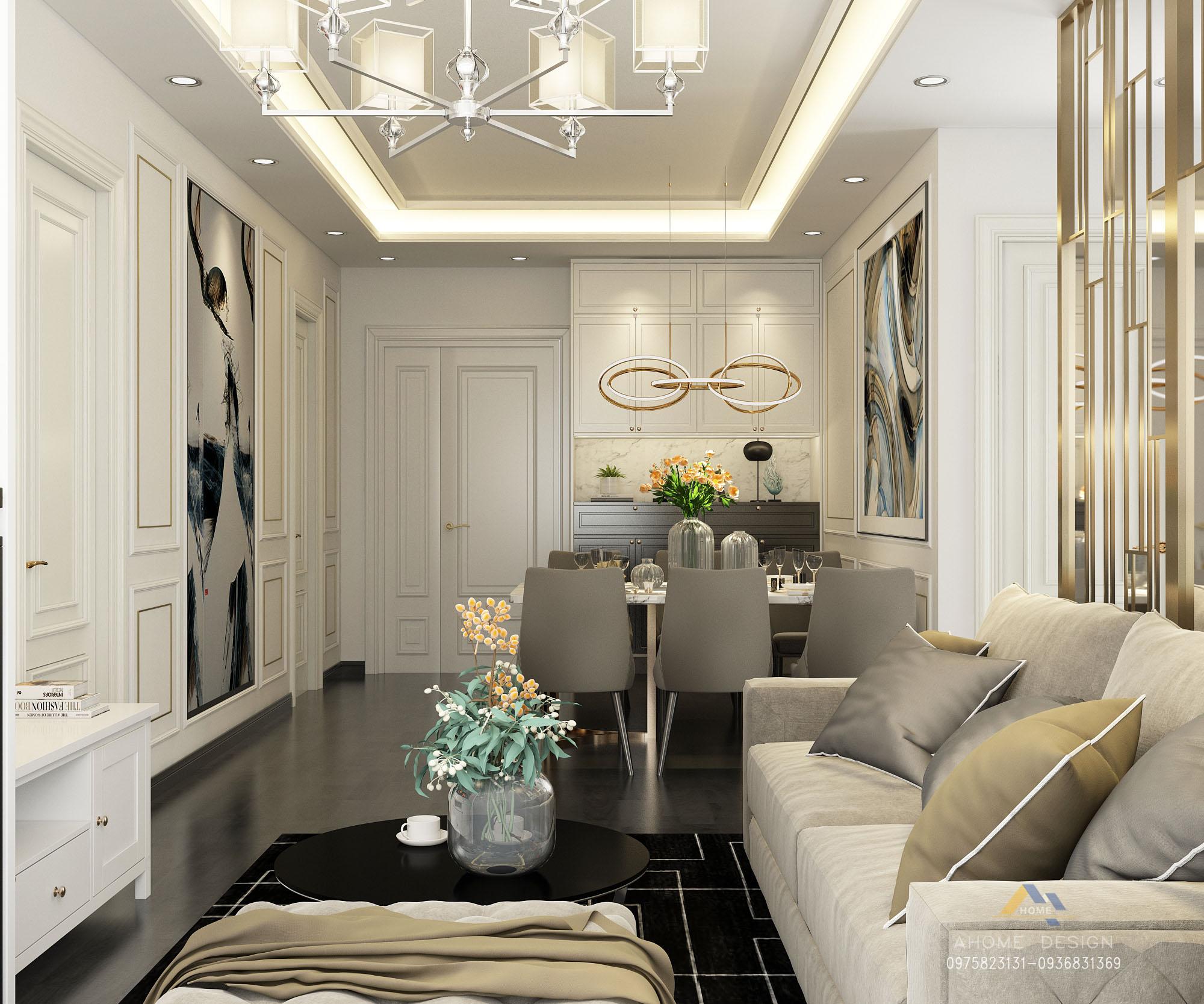 Thiết kế nội thất phòng khách chung cư với gam màu trung tính nhẹ nhàng, sang trọng