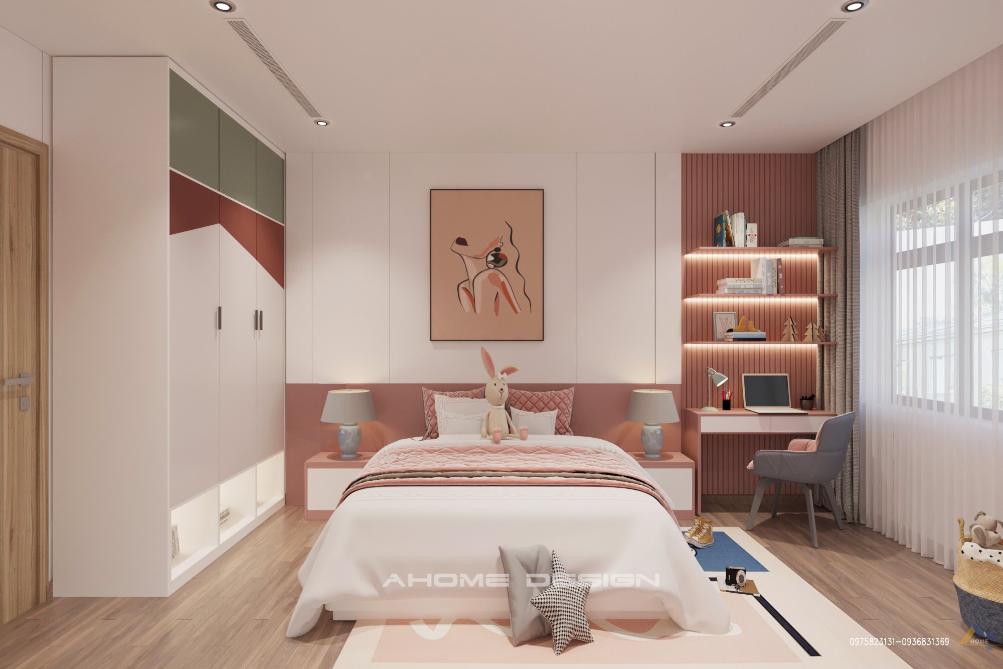 Phòng ngủ bé gái với màu hồng pastel đáng yêu